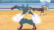 a pokemon is standing on a field with a man behind it