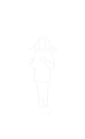 a black and white drawing of a woman standing and looking at her phone .