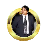 a man in a suit and tie in a gold circle