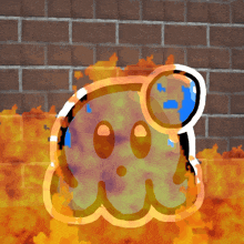 a cartoon drawing of a ghost with flames behind it