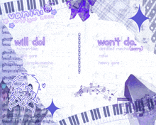 a purple and white collage with the words will do and won 't do