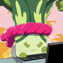 a cartoon drawing of a broccoli wearing a pink scarf and sitting in front of a laptop