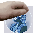 a close up of a person 's hand holding a cartoon character .