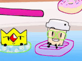 a cartoon character with a crown and glasses is floating on a raft
