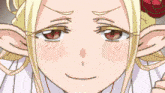 a blonde anime character with a flower in her hair giving a thumbs up