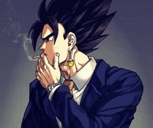a man in a suit is smoking a cigarette and wearing a watch