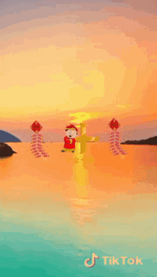 a sunset over a body of water with a tik tok logo