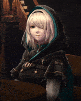 a girl with white hair wearing a black hooded cape