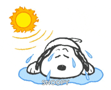 a cartoon of snoopy laying in a puddle with tears running down his face .