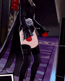 a girl in a black outfit with a rose on her belt