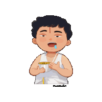 a cartoon drawing of a man holding a bowl of food with a straw