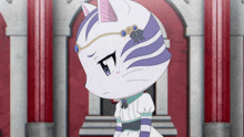 a white cat with purple stripes on its fur is standing in front of a red wall