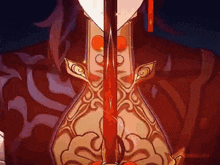 a close up of a person holding a sword with a red blade .