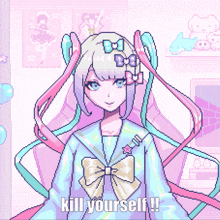 a pixel art drawing of a girl with the words kill yourself