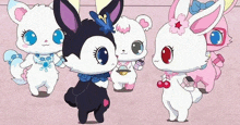 a group of rabbits are standing next to each other on a pink surface .