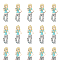 a pixel art of a girl in a blue shirt and gray jeans