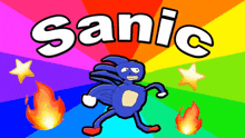 a cartoon drawing of a blue rabbit with the word sanic above it