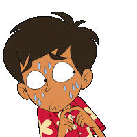 a cartoon boy with sweat drops on his face