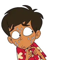 a cartoon boy with sweat drops on his face