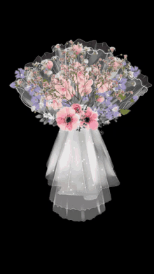a bouquet of pink and purple flowers is wrapped in a white veil