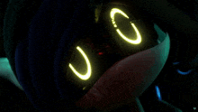 a close up of a cartoon character 's face with glowing eyes