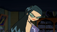 a cartoon girl wearing glasses and a necklace stands in front of a bookshelf