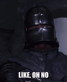 a man in a knight 's armor stands next to a man with a beard and the words like oh no written below