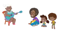 a cartoon of a woman playing a guitar and a man and two girls