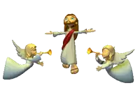 a cartoon of jesus with two angels blowing trumpets behind him