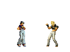 a pixel art of a man and woman fighting with purple lines coming out of them