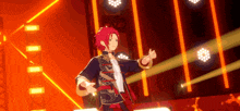 a man with red hair is standing on a stage in front of a row of spotlights .