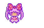 a pixel art of a girl with a bow on her head holding a pink object .