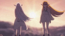 two anime characters standing next to each other in front of a cloudy sky