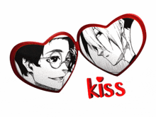 a couple of heart shaped mirrors with the word kiss on the bottom