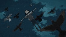 a cartoon of a person flying through the air with birds surrounding them