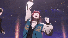 a couple of anime characters standing next to each other with their arms in the air .