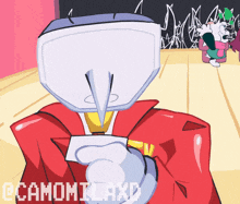 a cartoon drawing of a man in a red jacket with the hashtag @camomtlaxd on the bottom