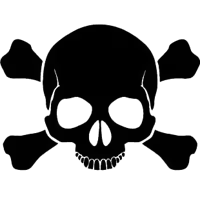 a black and white silhouette of a skull and crossbones with no teeth .