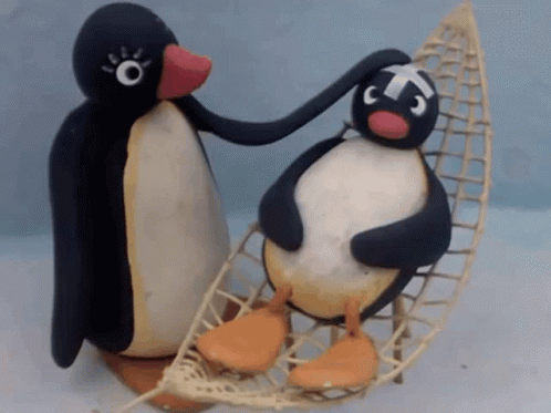 GIF: an animated penguin stroking the forehead of another sick penguin