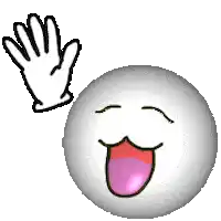 a hand is waving next to a smiley face with its mouth open .