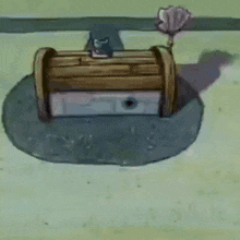 a cartoon drawing of a wooden box with a seashell on top of it