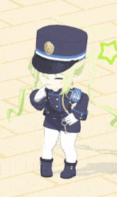 a little girl in a police uniform with a badge on her hat