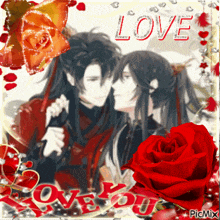 a picture of a man and woman with a red rose and the word love