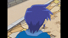 a cartoon of a boy with purple hair walking down a sidewalk