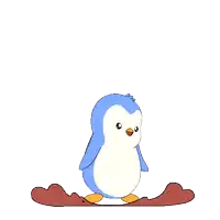 a blue and white penguin is standing on a red worm