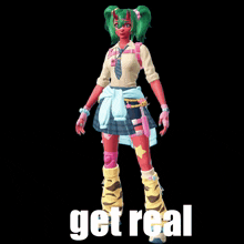 a picture of a girl with green hair and the words get real