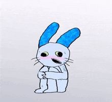 a drawing of a white rabbit with blue ears covering its mouth with its paws .
