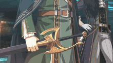 a man holding a sword with the letter g on the blade