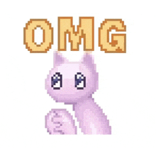 a pixel art illustration of a purple cat with the words `` omg '' written above it .