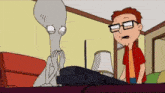a cartoon of a man and a gray alien looking at a radio